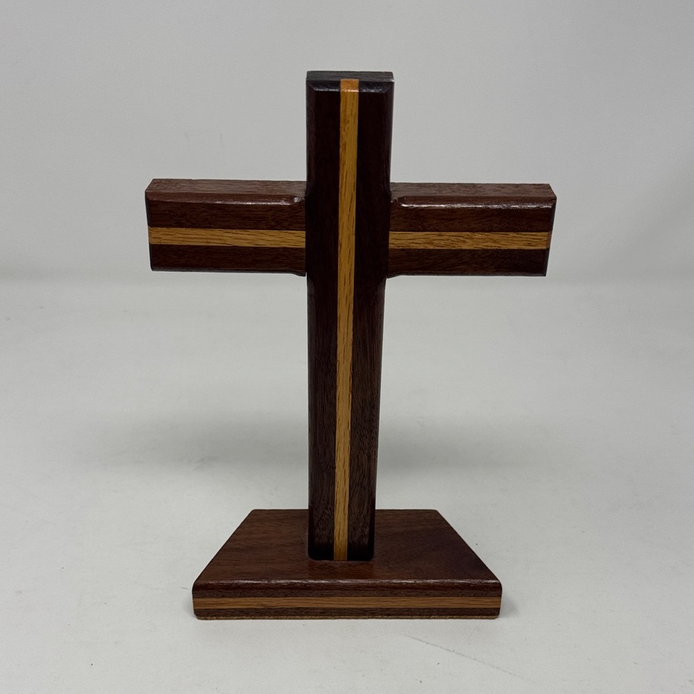 VINTAGE HAND CRAFTED STANDING WOOD CROSS RELIGIOUS INLAY SPIRITUAL